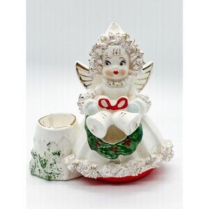 Vintage Commodore ANGEL WITH BELLS and SPAGHETTI TRIM Candle Holder FIGURINE
